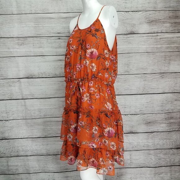 NEW Chelsea 28 XL Tiered Chiffon Fit & Flare Dress in Orange Floral - Picture 6 of 15